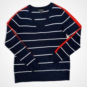 Banana Republic Merino Wool Navy and White Striped V-neck Sweater